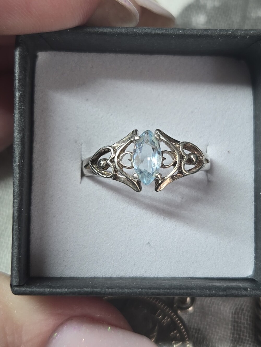 Sterling Silver Marquise Aquamarine Ring with Heart Accents